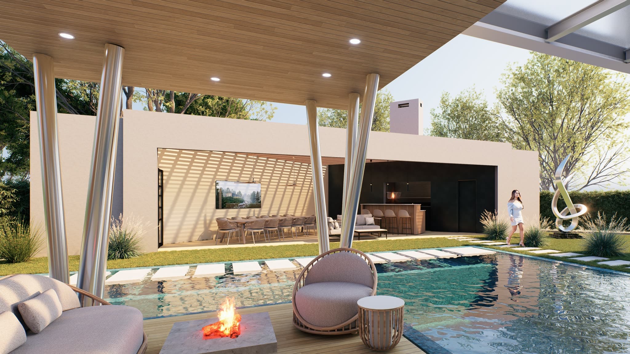 Bella Colina — Piscina con pérgola y fogonero